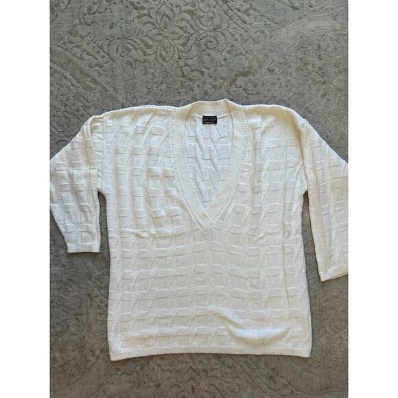 Vintage Women's White Cotton V-Neck Sweater Textured Knit Geometric USA M - Picture 3 of 9